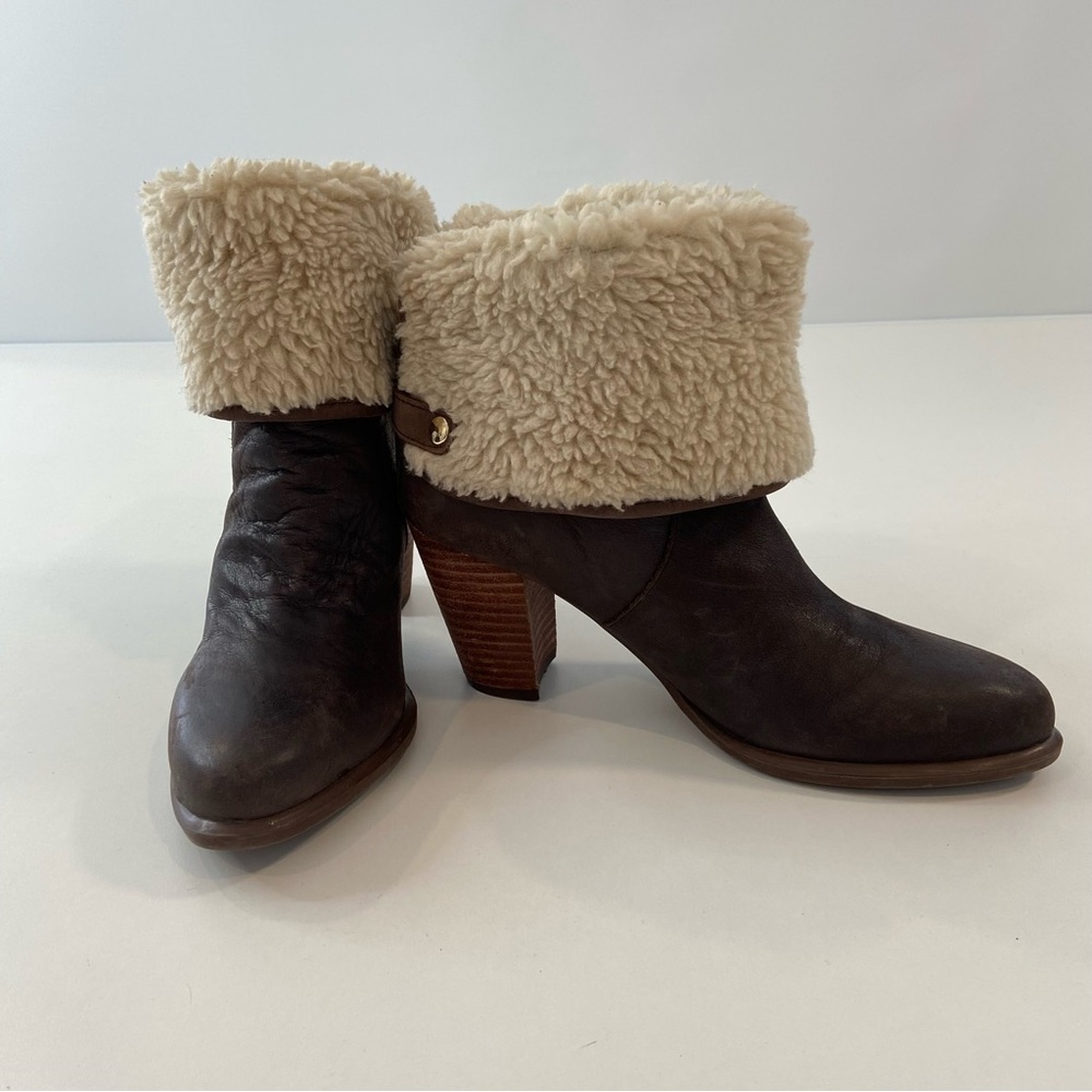 Tommy Hilfiger heeled ankle boots brown genuine leather shearling size 8 almond - Picture 7 of 16